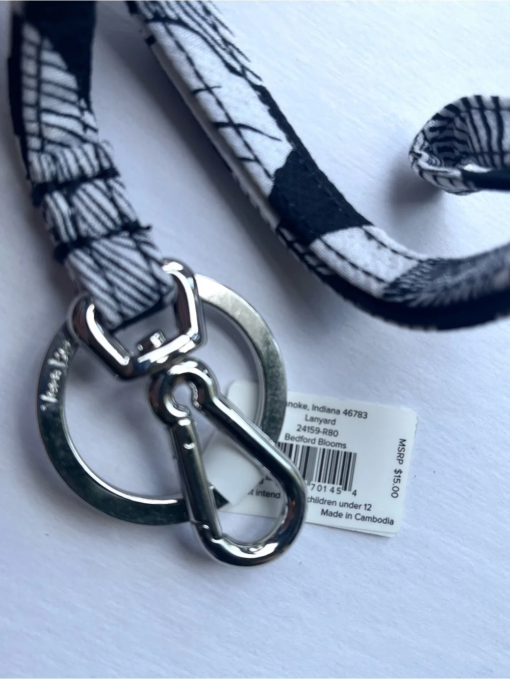 Vera Bradley Bedford Blooms Lanyard Key Holder NWT Black & White